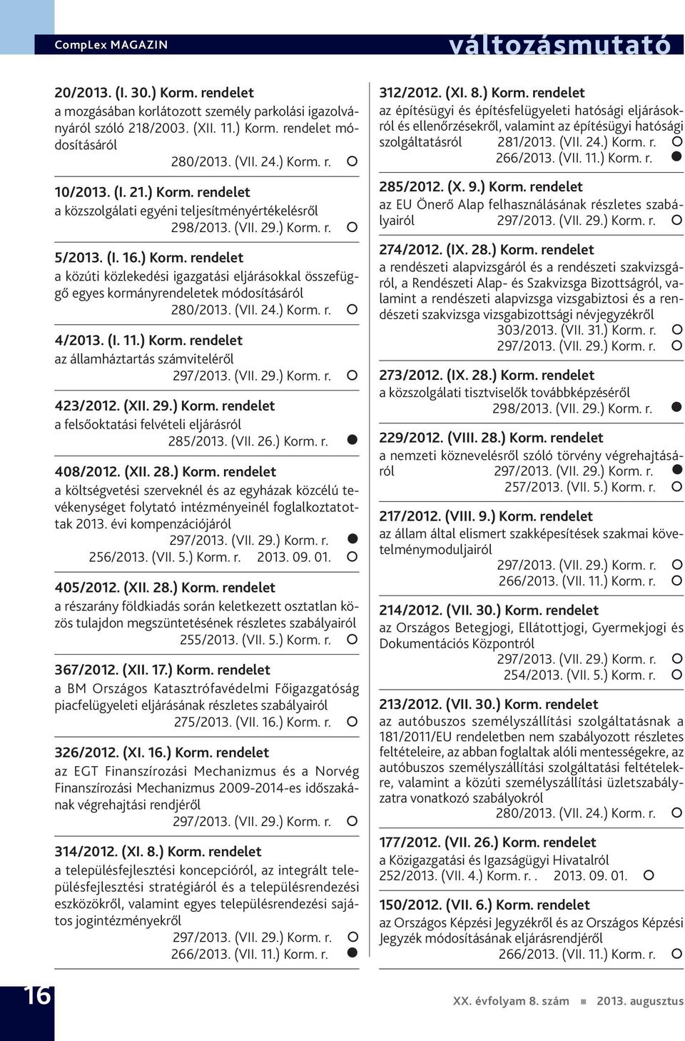 (XII. 29.) Korm. rendelet a felsőoktatási felvételi eljárásról 285/2013. (VII. 26.) Korm. r. 408/2012. (XII. 28.) Korm. rendelet a költségvetési szerveknél és az egyházak közcélú tevékenységet folytató intézményeinél foglalkoztatottak 2013.