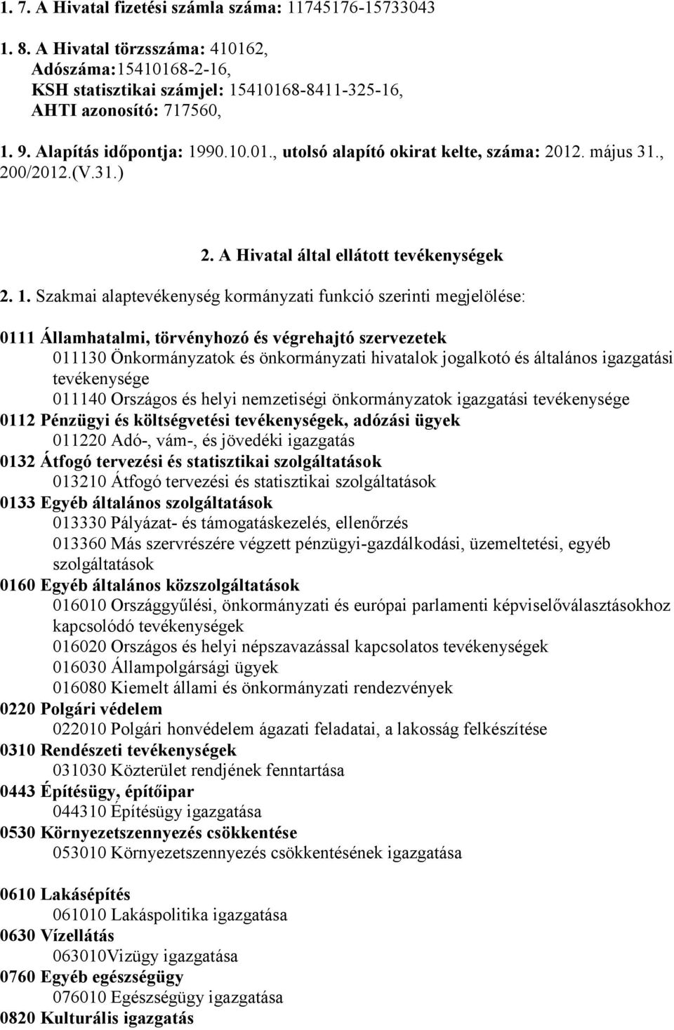 90.10.01., utolsó alapító okirat kelte, száma: 2012. május 31., 200/2012.(V.31.) 2. A Hivatal által ellátott tevékenységek 2. 1.