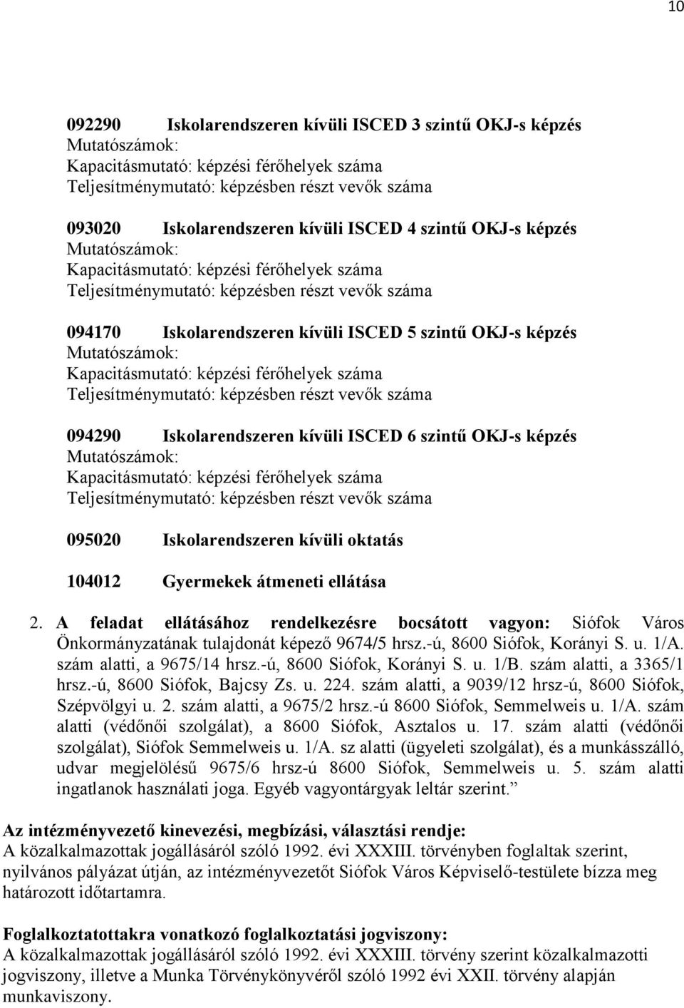 A feladat ellátásához rendelkezésre bocsátott vagyon: Siófok Város Önkormányzatának tulajdonát képező 9674/5 hrsz.-ú, 8600 Siófok, Korányi S. u. 1/A. szám alatti, a 9675/14 hrsz.