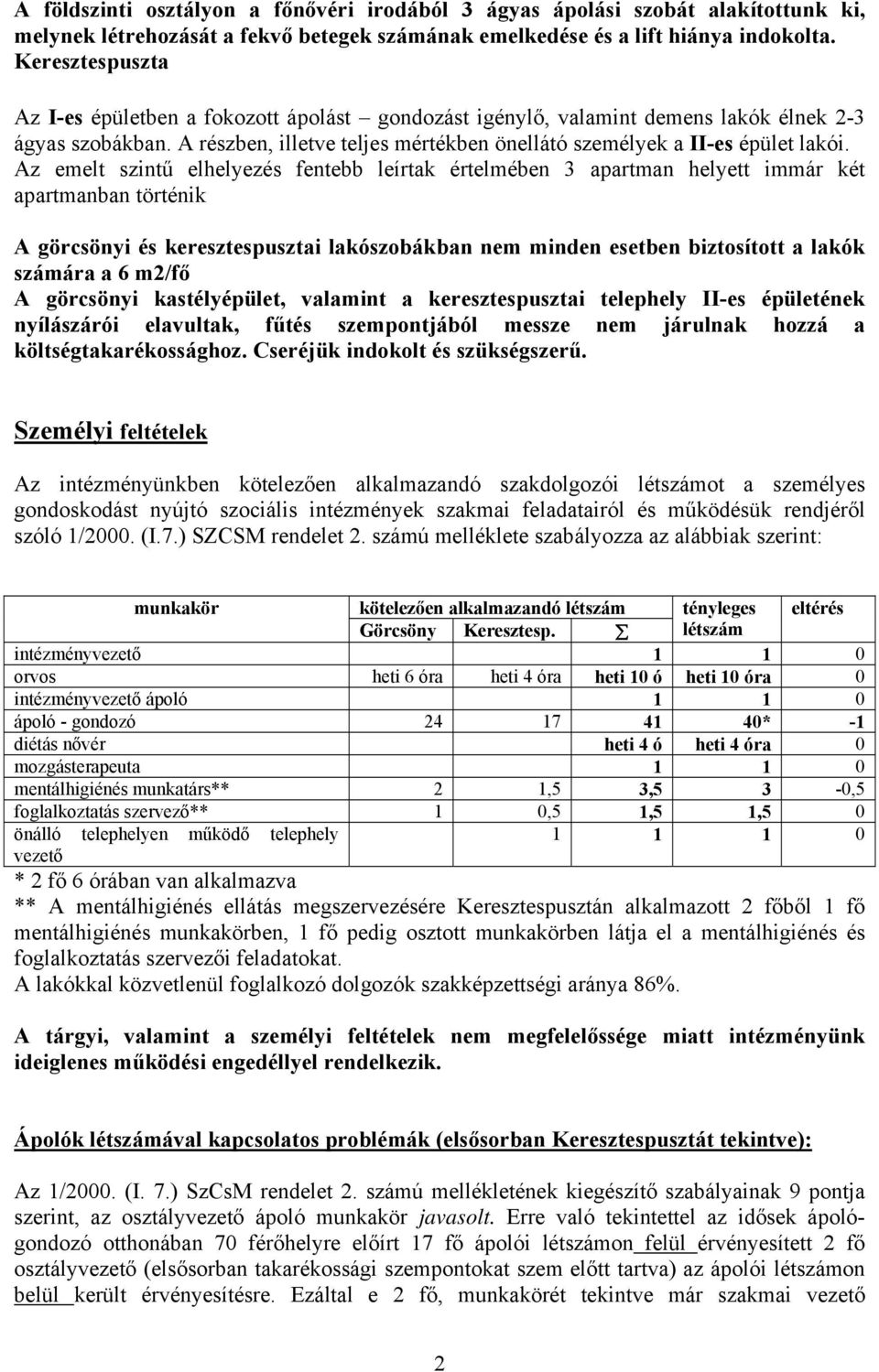 Az emelt szintű elhelyezés fentebb leírtak értelmében 3 apartman helyett immár két apartmanban történik A görcsönyi és keresztespusztai lakószobákban nem minden esetben biztosított a lakók számára a