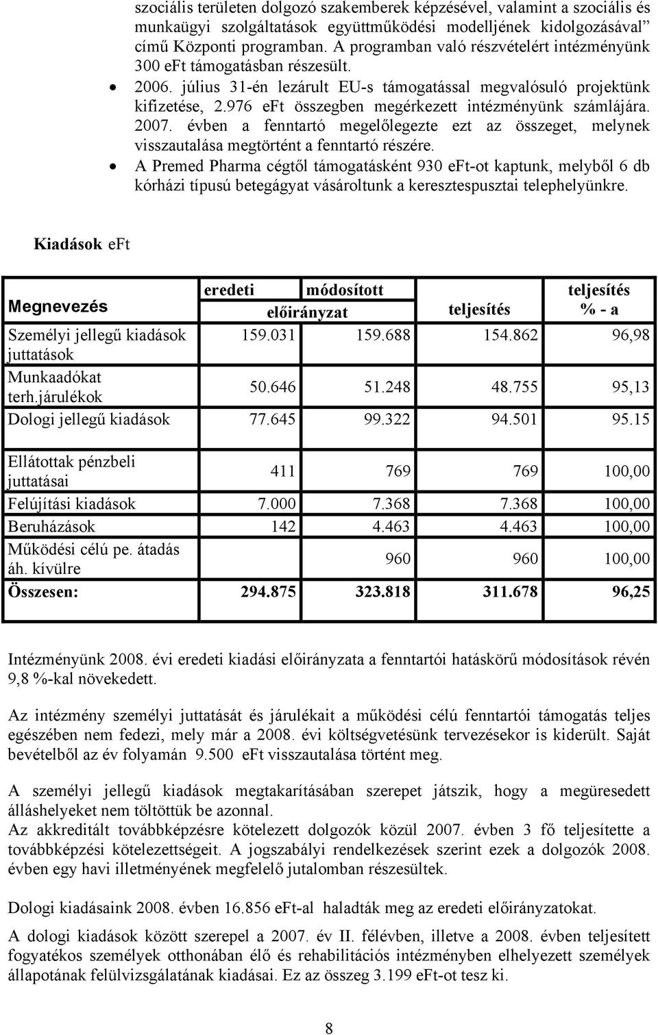 976 eft összegben megérkezett intézményünk számlájára. 2007. évben a fenntartó megelőlegezte ezt az összeget, melynek visszautalása megtörtént a fenntartó részére.