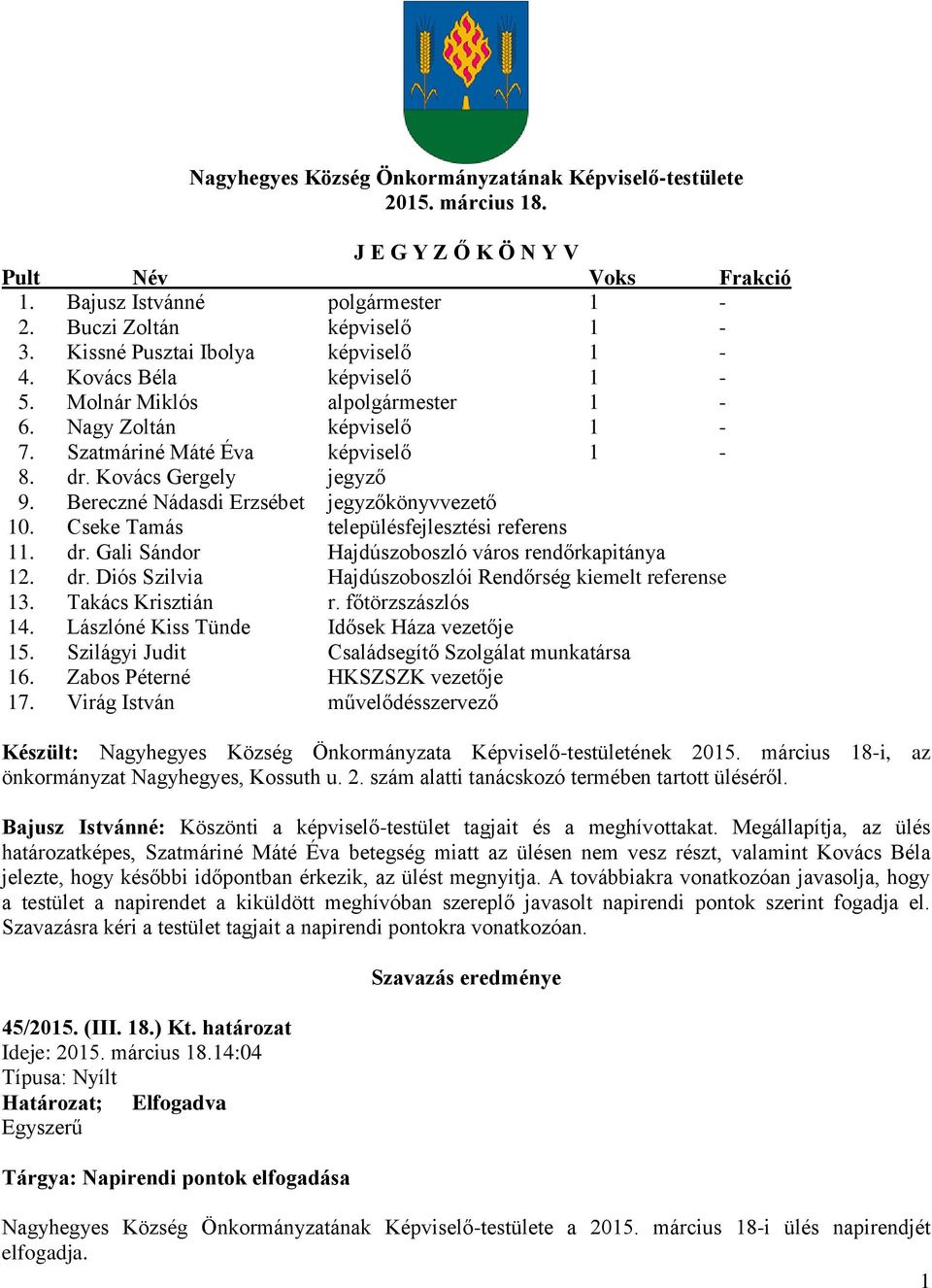 Bereczné Nádasdi Erzsébet jegyzőkönyvvezető 10. Cseke Tamás településfejlesztési referens 11. dr. Gali Sándor Hajdúszoboszló város rendőrkapitánya 12. dr. Diós Szilvia Hajdúszoboszlói Rendőrség kiemelt referense 13.