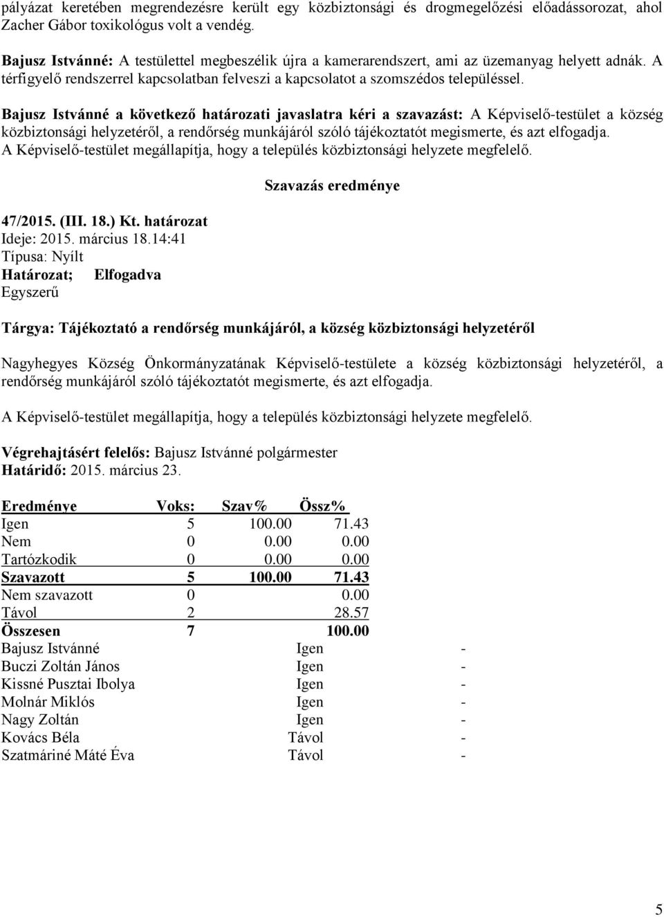 Bajusz Istvánné a következő határozati javaslatra kéri a szavazást: A Képviselő-testület a község közbiztonsági helyzetéről, a rendőrség munkájáról szóló tájékoztatót megismerte, és azt elfogadja.