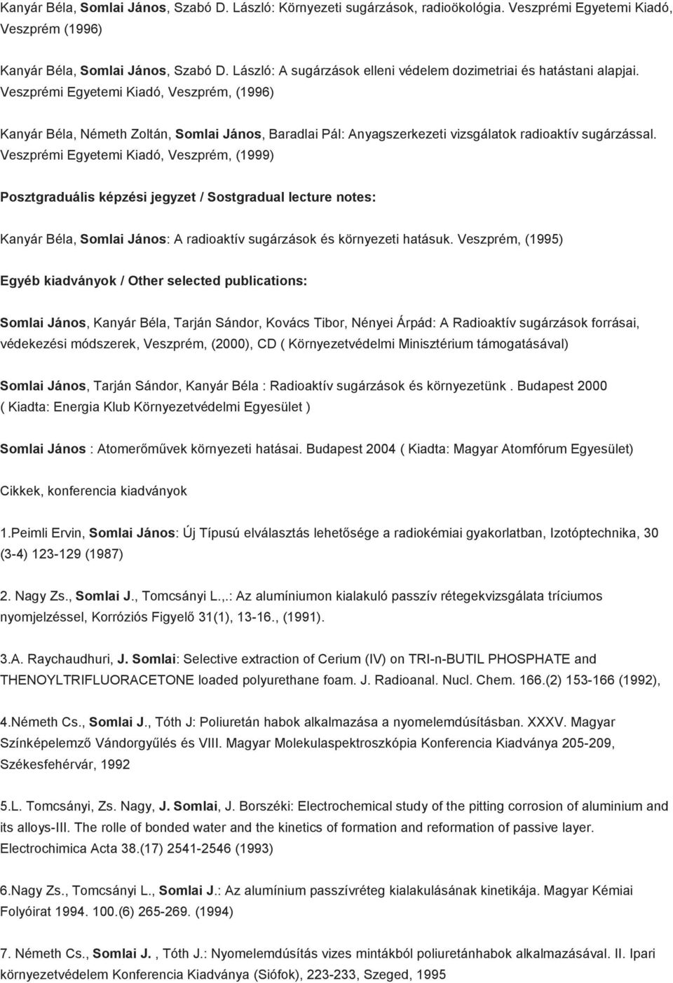Veszprémi Egyetemi Kiadó, Veszprém, (1996) Kanyár Béla, Németh Zoltán, Somlai János, Baradlai Pál: Anyagszerkezeti vizsgálatok radioaktív sugárzással.