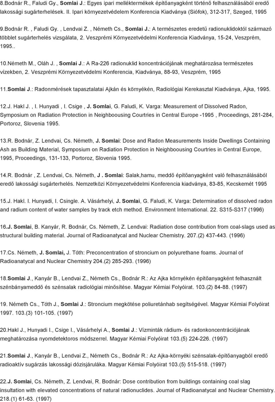 : A természetes eredetű radionuklidoktól származó többlet sugárterhelés vizsgálata, 2. Veszprémi Környezetvédelmi Konferencia Kiadványa, 15-24, Veszprém, 1995.. 10.Németh M., Oláh J., Somlai J.