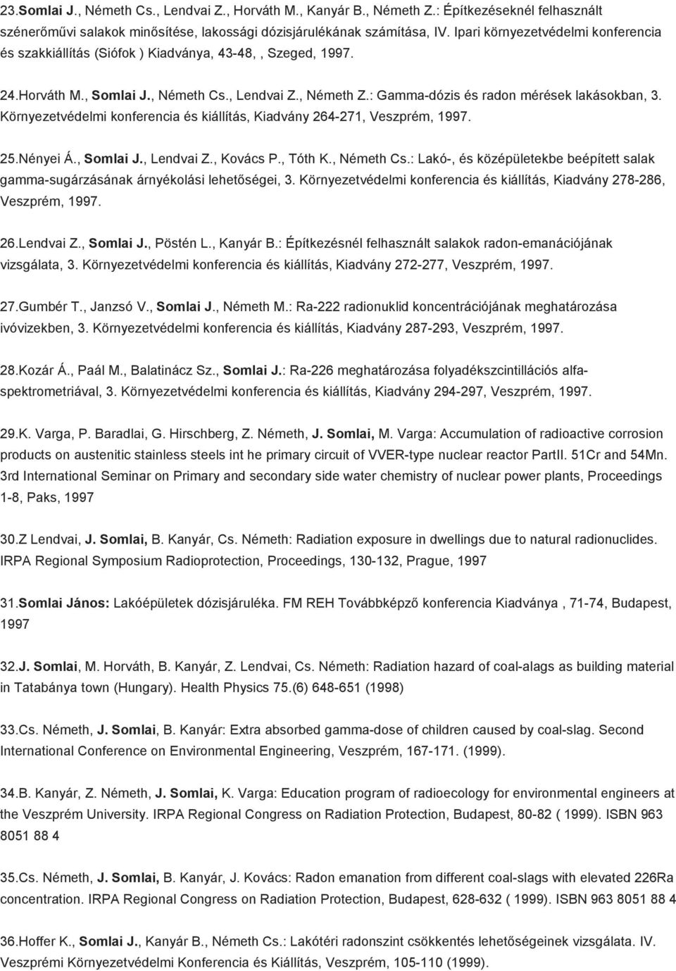 Környezetvédelmi konferencia és kiállítás, Kiadvány 264-271, Veszprém, 1997. 25.Nényei Á., Somlai J., Lendvai Z., Kovács P., Tóth K., Németh Cs.