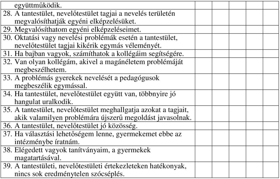 Van olyan kollégám, akivel a magánéletem problémáját megbeszélhetem. 33. A problémás gyerekek nevelését a pedagógusok megbeszélik egymással. 34.