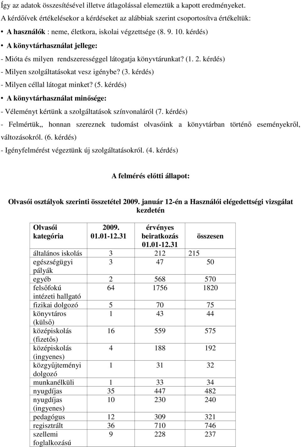 kérdés) A könyvtárhasználat jellege: - Mióta és milyen rendszerességgel látogatja könyvtárunkat? (1. 2. kérdés) - Milyen szolgáltatásokat vesz igénybe? (3. kérdés) - Milyen céllal látogat minket? (5.