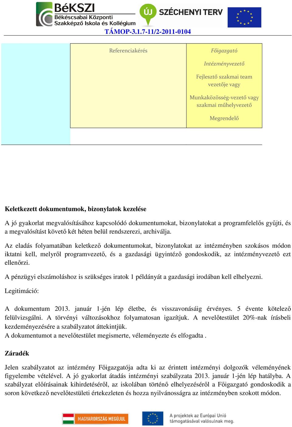 Az eladás folyamatában keletkező dokumentumokat, bizonylatokat az intézményben szokásos módon iktatni kell, melyről programvezető, és a gazdasági ügyintéző gondoskodik, az intézményvezető ezt