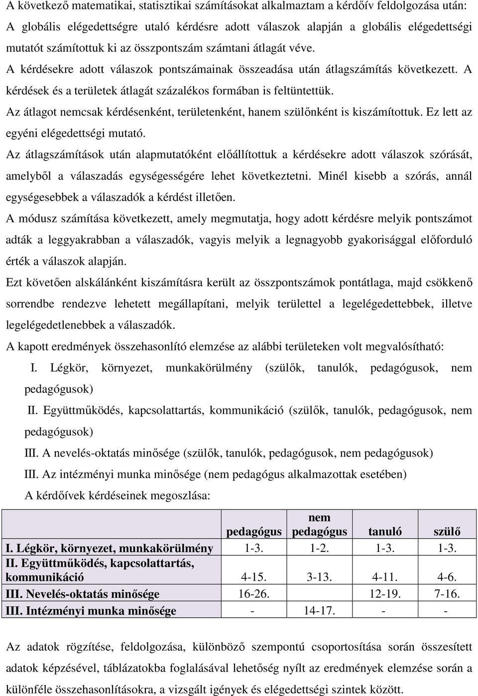 A kérdések és a területek átlagát százalékos formában is feltüntettük. Az átlagot nemcsak kérdésenként, területenként, hanem szülőnként is kiszámítottuk. Ez lett az egyéni elégedettségi mutató.