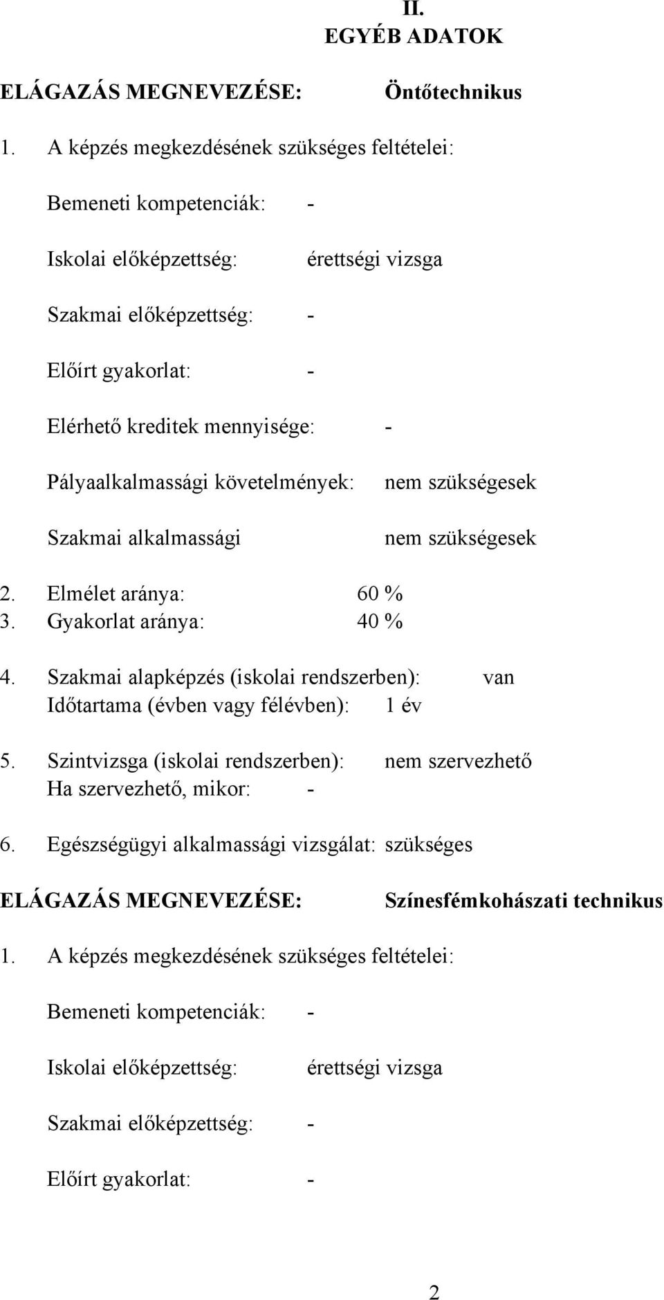 Pályaalkalmassági követelmények: Szakmai alkalmassági nem szükségesek nem szükségesek 2. Elmélet aránya: 60 % 3. Gyakorlat aránya: 40 % 4.