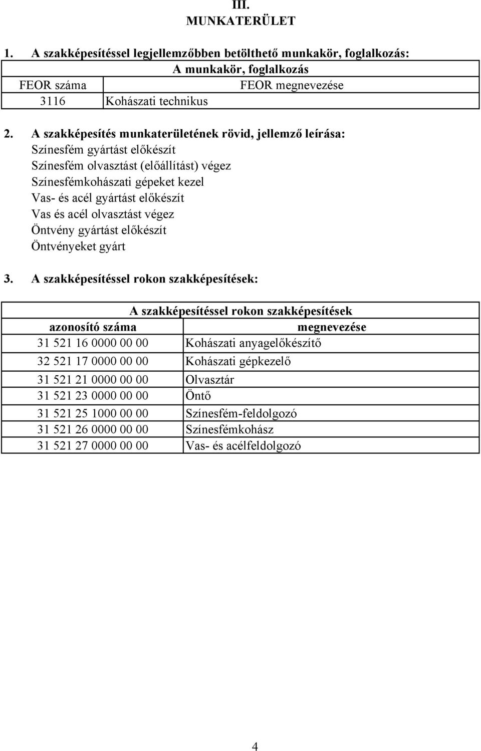 szakképesítés munkaterületének rövid, jellemző leírása: Színesfém gyártást előkészít Színesfém olvasztást (előállítást) végez Színesfémkohászati gépeket kezel Vas- és acél gyártást előkészít Vas és