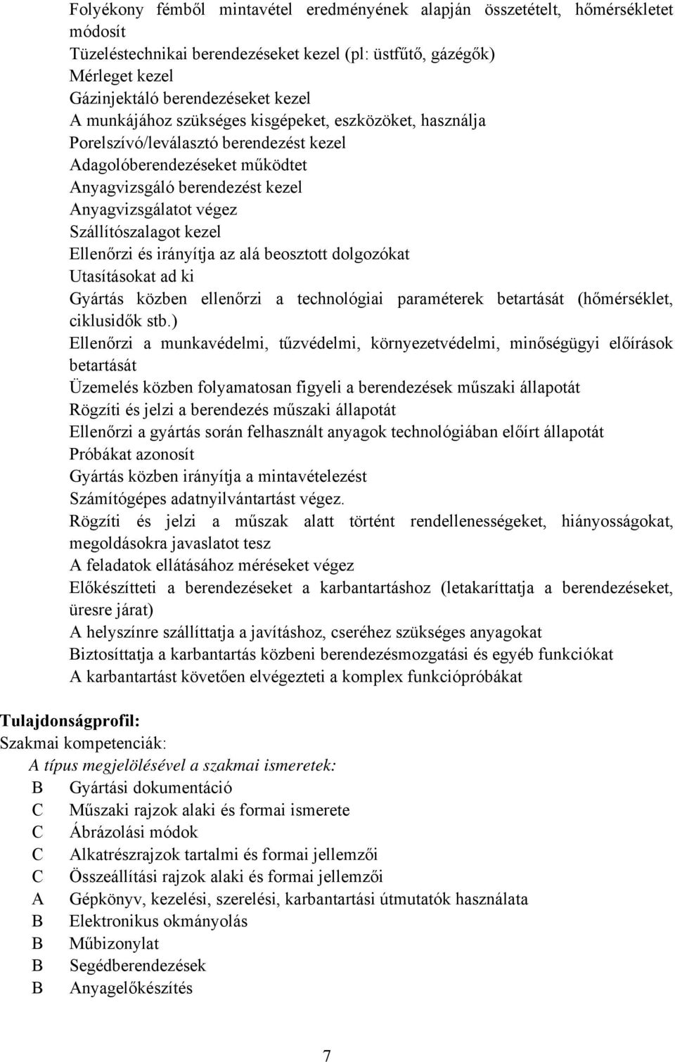 kezel Ellenőrzi és irányítja az alá beosztott dolgozókat Utasításokat ad ki Gyártás közben ellenőrzi a technológiai paraméterek betartását (hőmérséklet, ciklusidők stb.