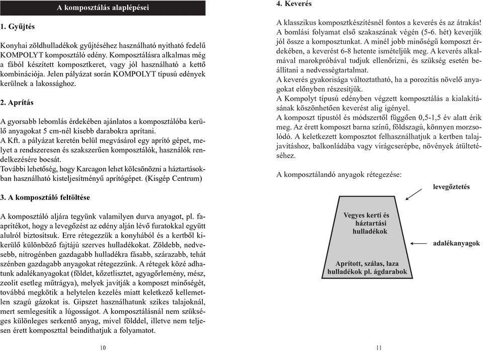 Aprítás A gyorsabb lebomlás érdekében ajánlatos a komposztálóba kerülõ anyagokat 5 cm-nél kisebb darabokra aprítani. A Kft.