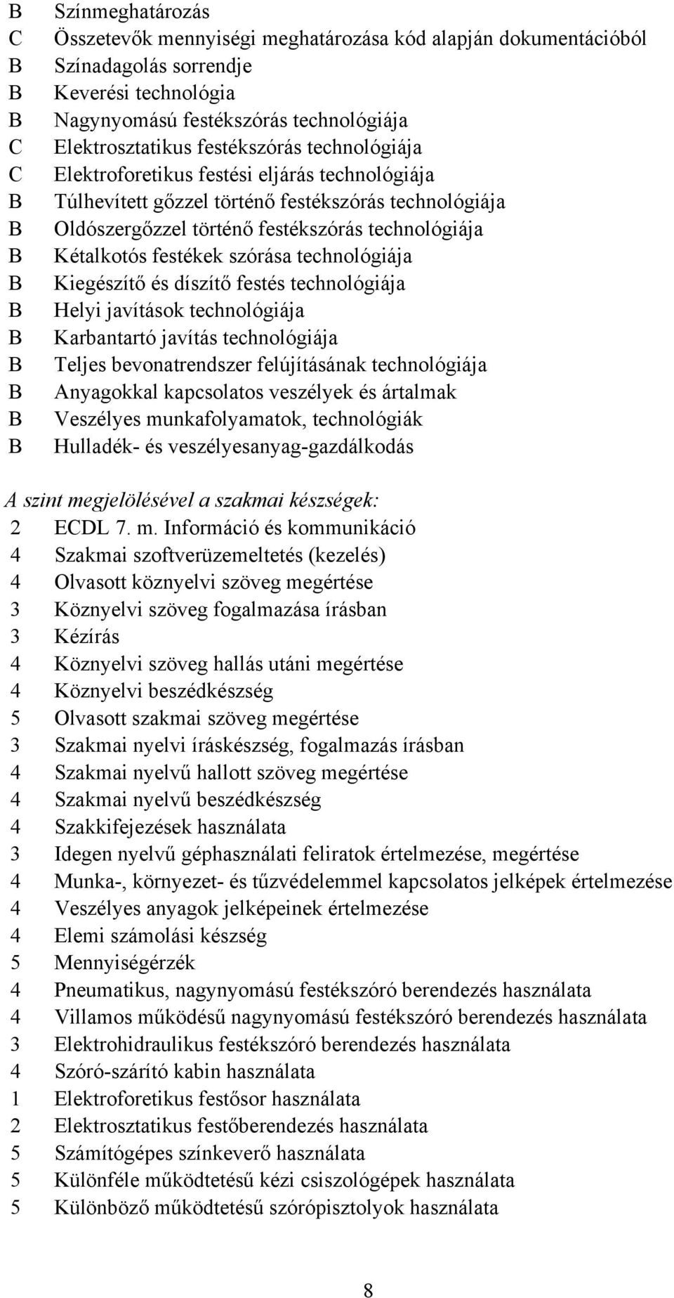 technológiája Kiegészítő és díszítő festés technológiája Helyi javítások technológiája Karbantartó javítás technológiája Teljes bevonatrendszer felújításának technológiája Anyagokkal kapcsolatos