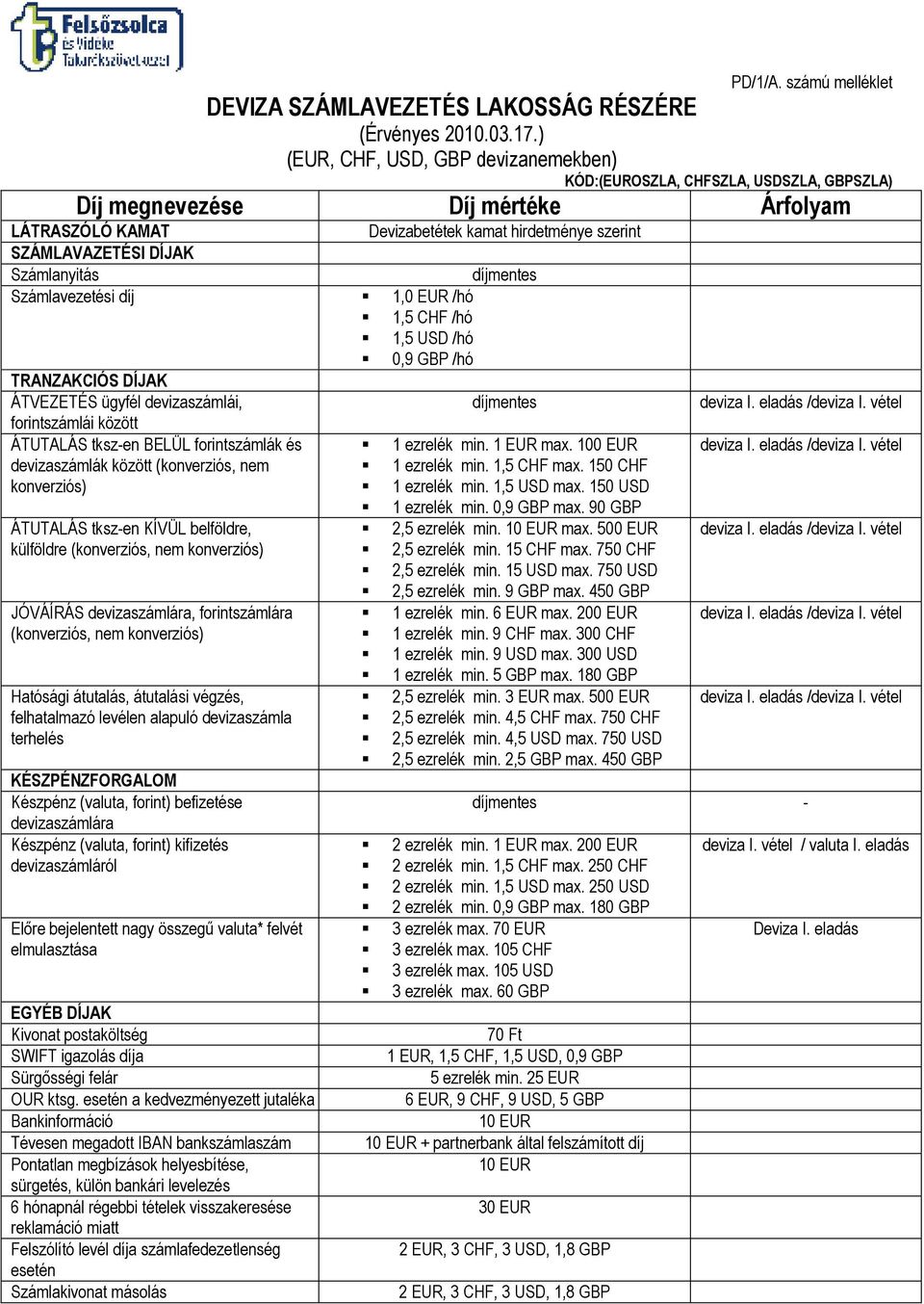 Számlanyitás Számlavezetési díj 1,0 EUR /hó 1,5 CHF /hó 1,5 USD /hó 0,9 GBP /hó TRANZAKCIÓS DÍJAK ÁTVEZETÉS ügyfél devizaszámlái, forintszámlái között ÁTUTALÁS tksz-en BELÜL forintszámlák és