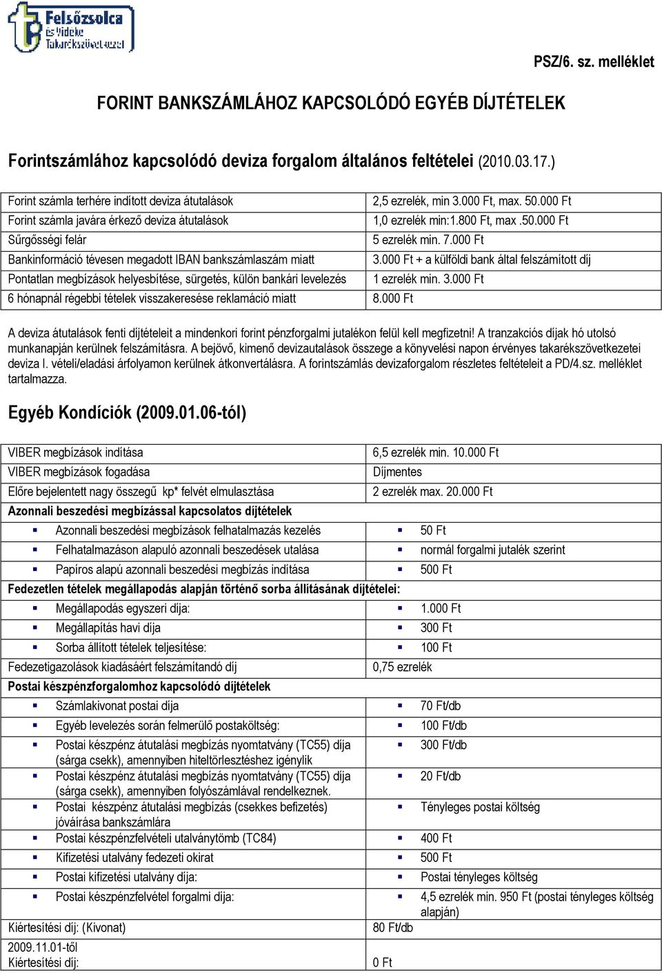 helyesbítése, sürgetés, külön bankári levelezés 6 hónapnál régebbi tételek visszakeresése reklamáció miatt 8.000 Ft 2,5 ezrelék, min 3.000 Ft, max. 50.000 Ft 1,0 ezrelék min:1.800 Ft, max.50.000 Ft 5 ezrelék min.