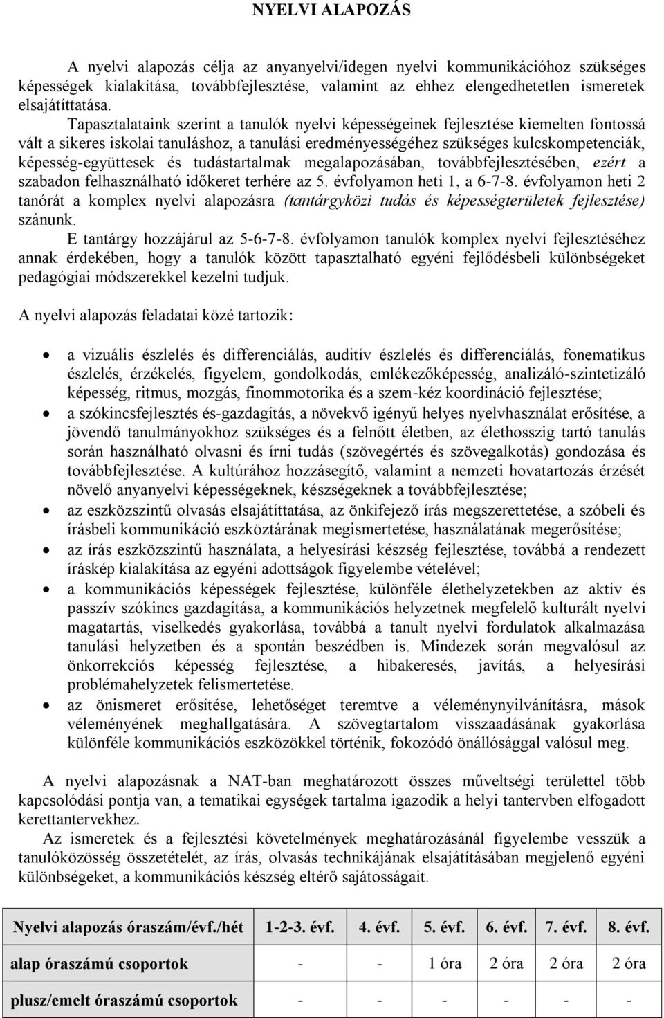 és tudástartalmak megalapozásában, továbbfejlesztésében, ezért a szabadon felhasználható időkeret terhére az 5. évfolyamon heti 1, a 6-7-8.