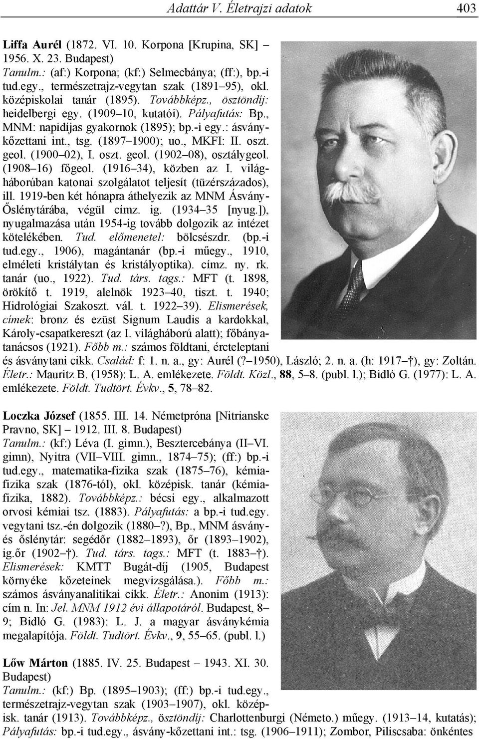 : ásványkőzettani int., tsg. (1897 1900); uo., MKFI: II. oszt. geol. (1900 02), I. oszt. geol. (1902 08), osztálygeol. (1908 16) főgeol. (1916 34), közben az I.