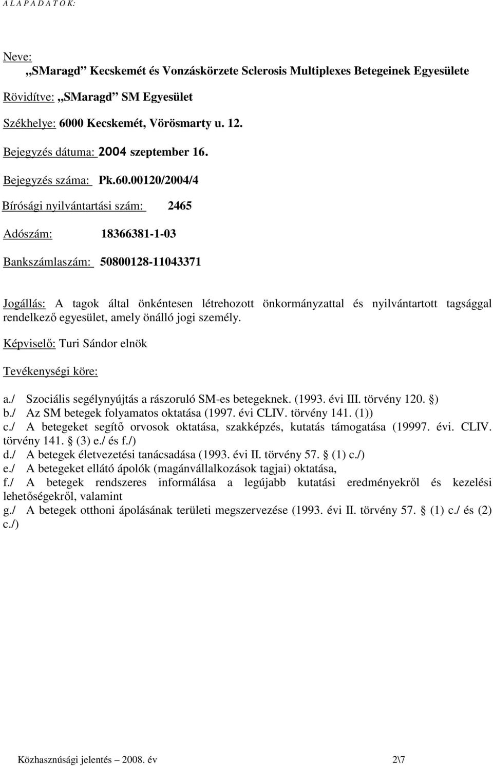 00120/2004/4 Bírósági nyilvántartási szám: 2465 Adószám: 18366381-1-03 Bankszámlaszám: 50800128-11043371 Jogállás: A tagok által önkéntesen létrehozott önkormányzattal és nyilvántartott tagsággal