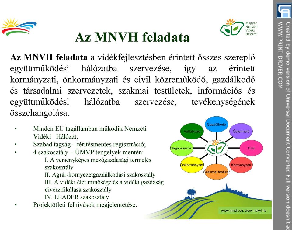 Minden EU tagállamban működik Nemzeti Vidéki Hálózat; Szabad tagság térítésmentes regisztráció; 4 szakosztály ÚMVP tengelyek mentén: I.