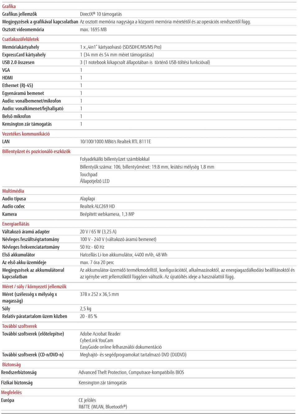 0 összesen 3 (1 notebook kikapcsolt állapotában is történő USB-töltési funkcióval) VGA 1 HDMI 1 Ethernet (RJ-45) 1 Egyenáramú bemenet 1 Audio: vonalbemenet/mikrofon 1 Audio: vonalkimenet/fejhallgató