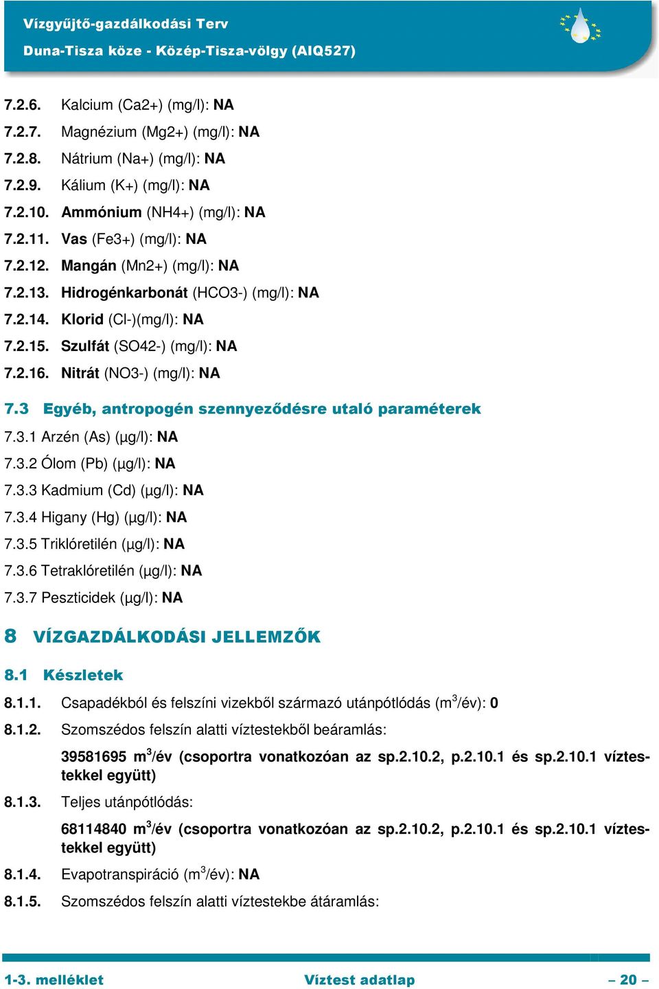 3 Egyéb, antropogén szennyeződésre utaló paraméterek 7.3.1 Arzén (As) (µg/l): NA 7.3.2 Ólom (Pb) (µg/l): NA 7.3.3 Kadmium (Cd) (µg/l): NA 7.3.4 Higany (Hg) (µg/l): NA 7.3.5 Triklóretilén (µg/l): NA 7.