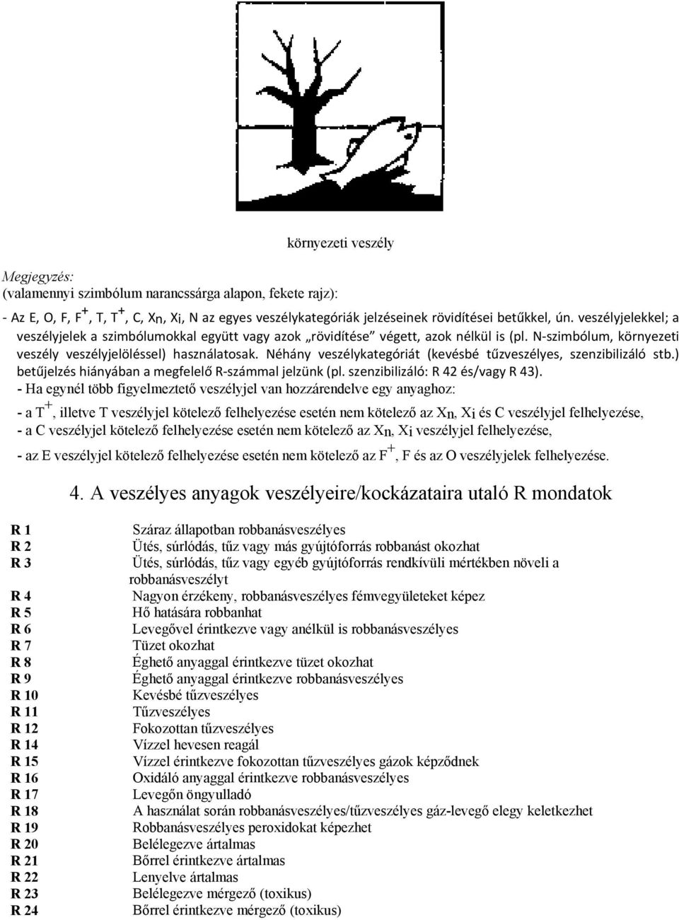 Néhány veszélykategóriát (kevésbé tűzveszélyes, szenzibilizáló stb.) betűjelzés hiányában a megfelelő R számmal jelzünk (pl. szenzibilizáló: R 42 és/vagy R 43).