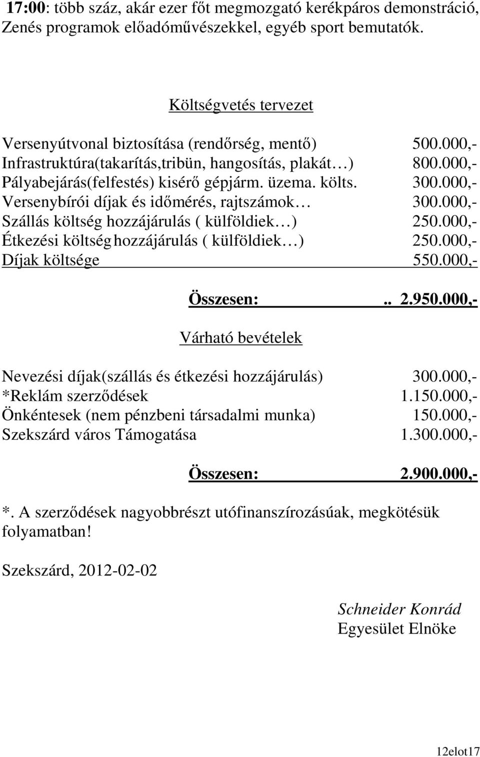 000,- Szállás költség hozzájárulás ( külföldiek ) 250.000,- Étkezési költség hozzájárulás ( külföldiek ) 250.000,- Díjak költsége 550.000,- Összesen:.. 2.950.