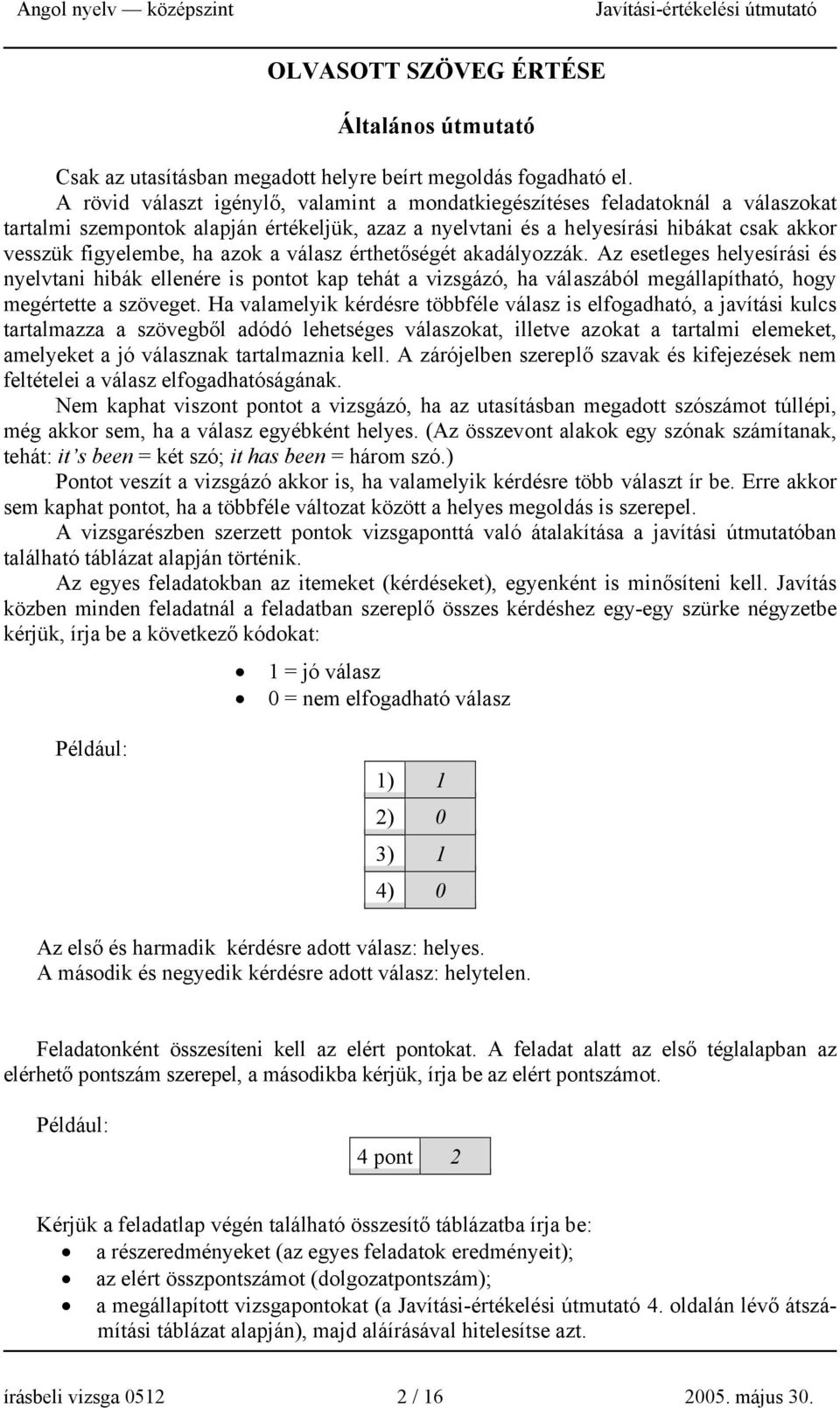 azok a válasz érthetőségét akadályozzák. Az esetleges helyesírási és nyelvtani hibák ellenére is pontot kap tehát a vizsgázó, ha válaszából megállapítható, hogy megértette a szöveget.