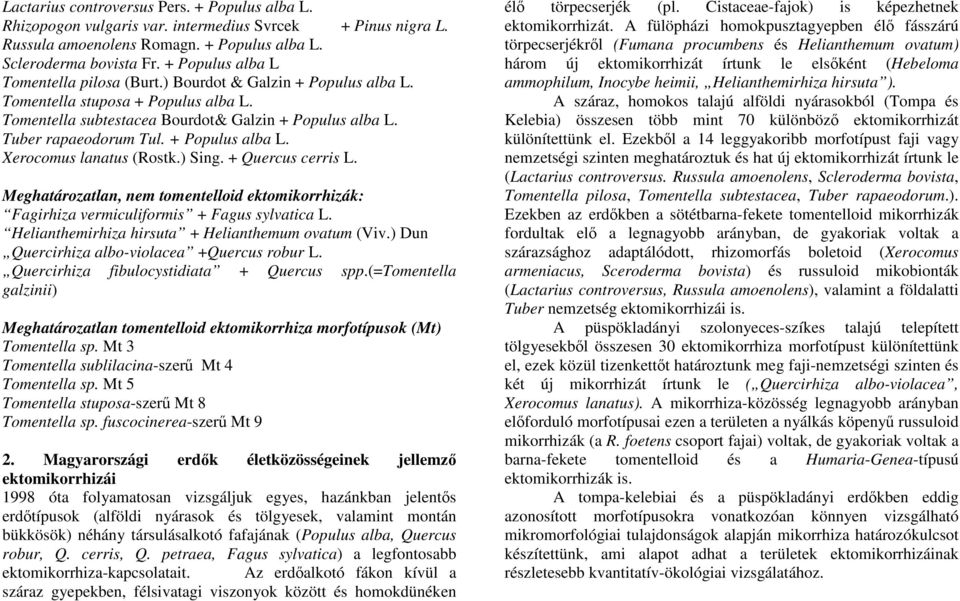 + Populus alba L. Xerocomus lanatus (Rostk.) Sing. + Quercus cerris L. Meghatározatlan, nem tomentelloid ektomikorrhizák: Fagirhiza vermiculiformis + Fagus sylvatica L.