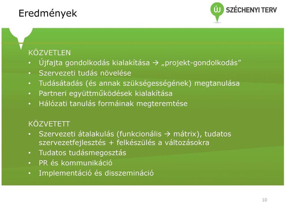 tanulás formáinak megteremtése KÖZVETETT Szervezeti átalakulás (funkcionális mátrix), tudatos