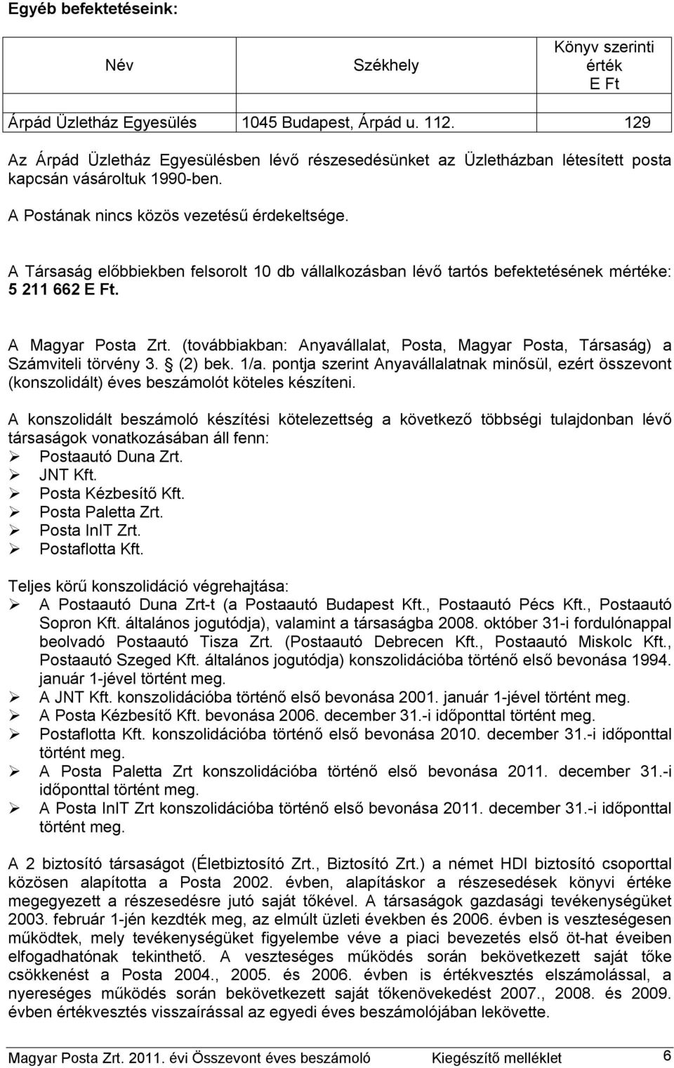 A Társaság előbbiekben felsorolt 10 db vállalkozásban lévő tartós befektetésének mértéke: 5 211 662 E Ft. A Magyar Posta Zrt.