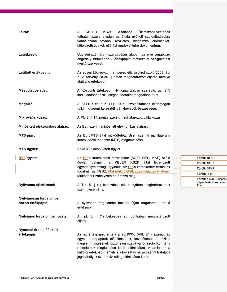 Letétkezelő: Letiltott értékpapír: Másodlagos adat: Megbízó: Mikrovállalkozás: Minősített elektronikus aláírás: MTS piac: MTS ügylet: *EP ügylet: Nyilvános ajánlattétel: Nyilvánosan forgalomba hozott