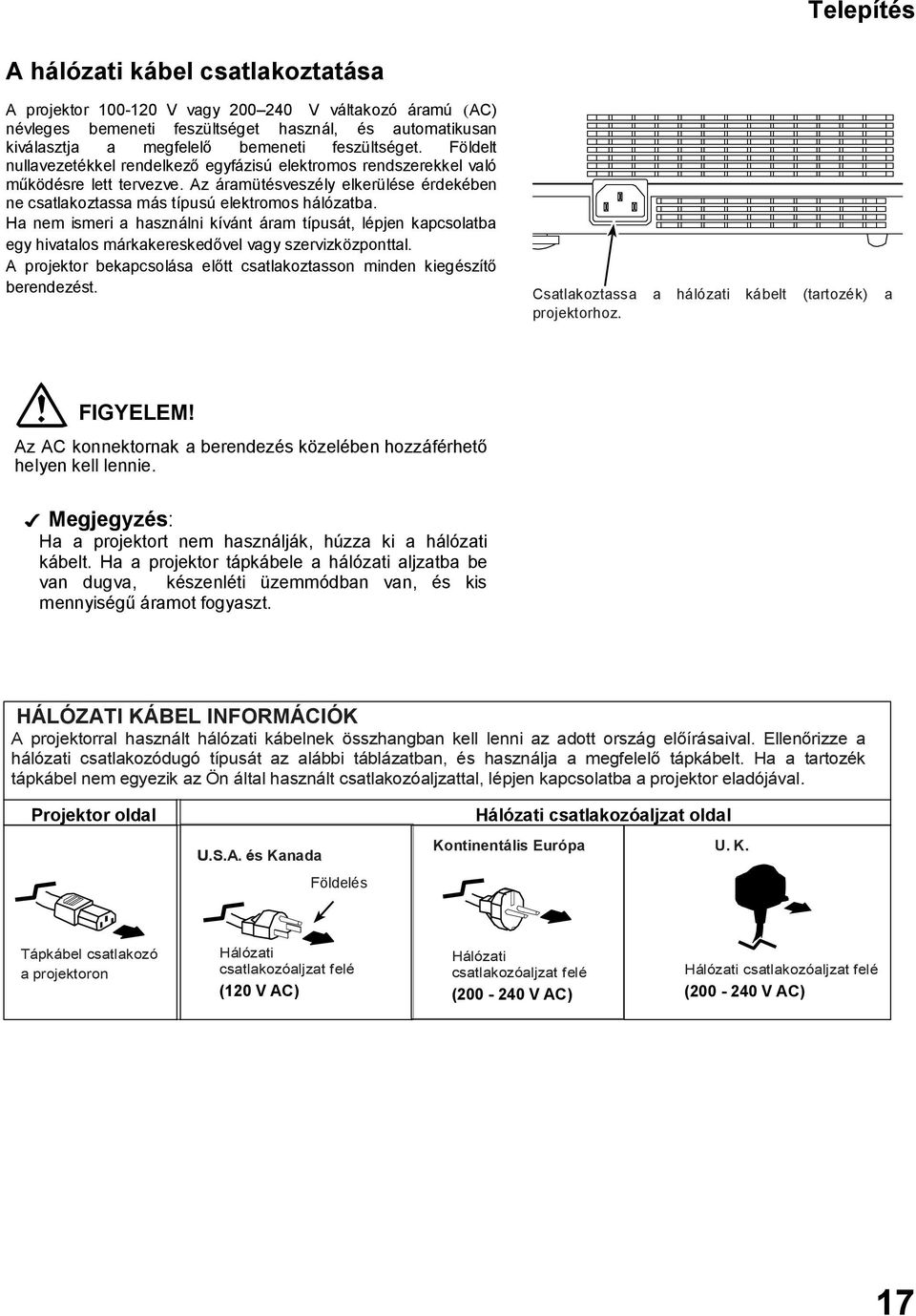 Az áramütésveszély elkerülése érdekében ne csatlakoztassa más típusú elektromos hálózatba.