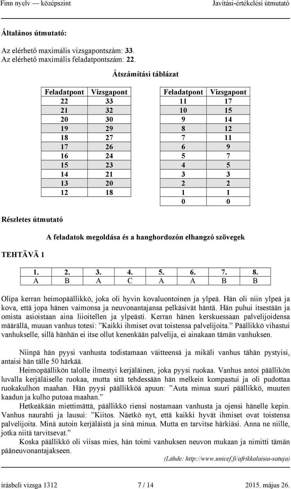 2 2 12 18 1 1 0 0 A feladatok megoldása és a hanghordozón elhangzó szövegek 1. 2. 3. 4. 5. 6. 7. 8. A B A C A A B B Olipa kerran heimopäällikkö, joka oli hyvin kovaluontoinen ja ylpeä.