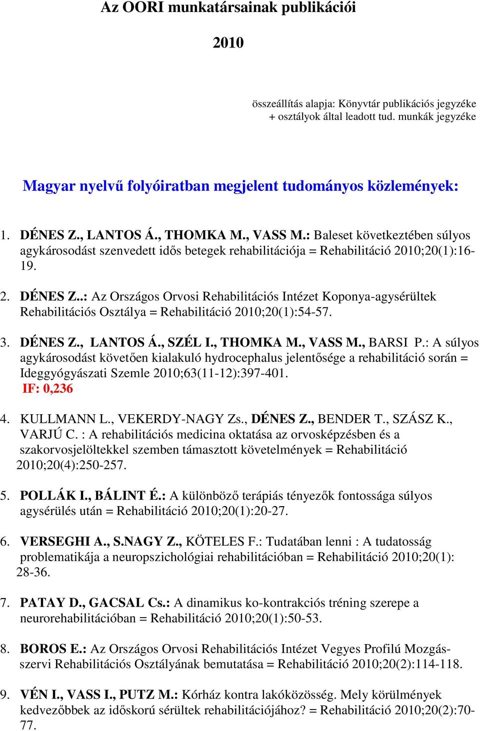 : Baleset következtében súlyos agykárosodást szenvedett idős betegek rehabilitációja = Rehabilitáció 2010;20(1):16-19. 2. DÉNES Z.