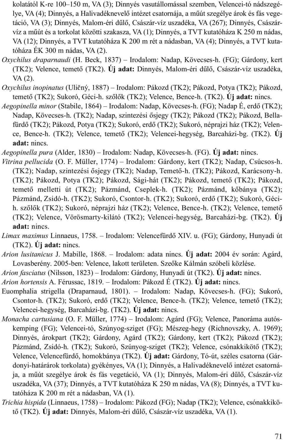 K 200 m rét a nádasban, VA (4); Dinnyés, a TVT kutatóháza ÉK 300 m nádas, VA (2). Oxychilus draparnaudi (H. Beck, 1837) Irodalom: Nadap, Kövecses-h. (FG); Gárdony, kert (TK2); Velence, temetõ (TK2).