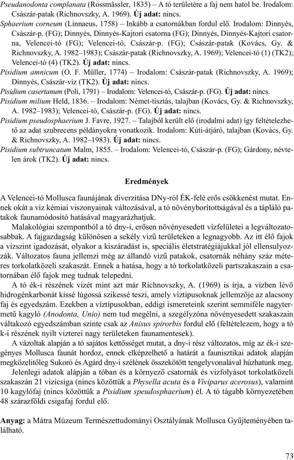 (FG); Dinnyés, Dinnyés-Kajtori csatorna (FG); Dinnyés, Dinnyés-Kajtori csatorna, Velencei-tó (FG); Velencei-tó, Császár-p. (FG); Császár-patak (Kovács, Gy. & Richnovszky, A.