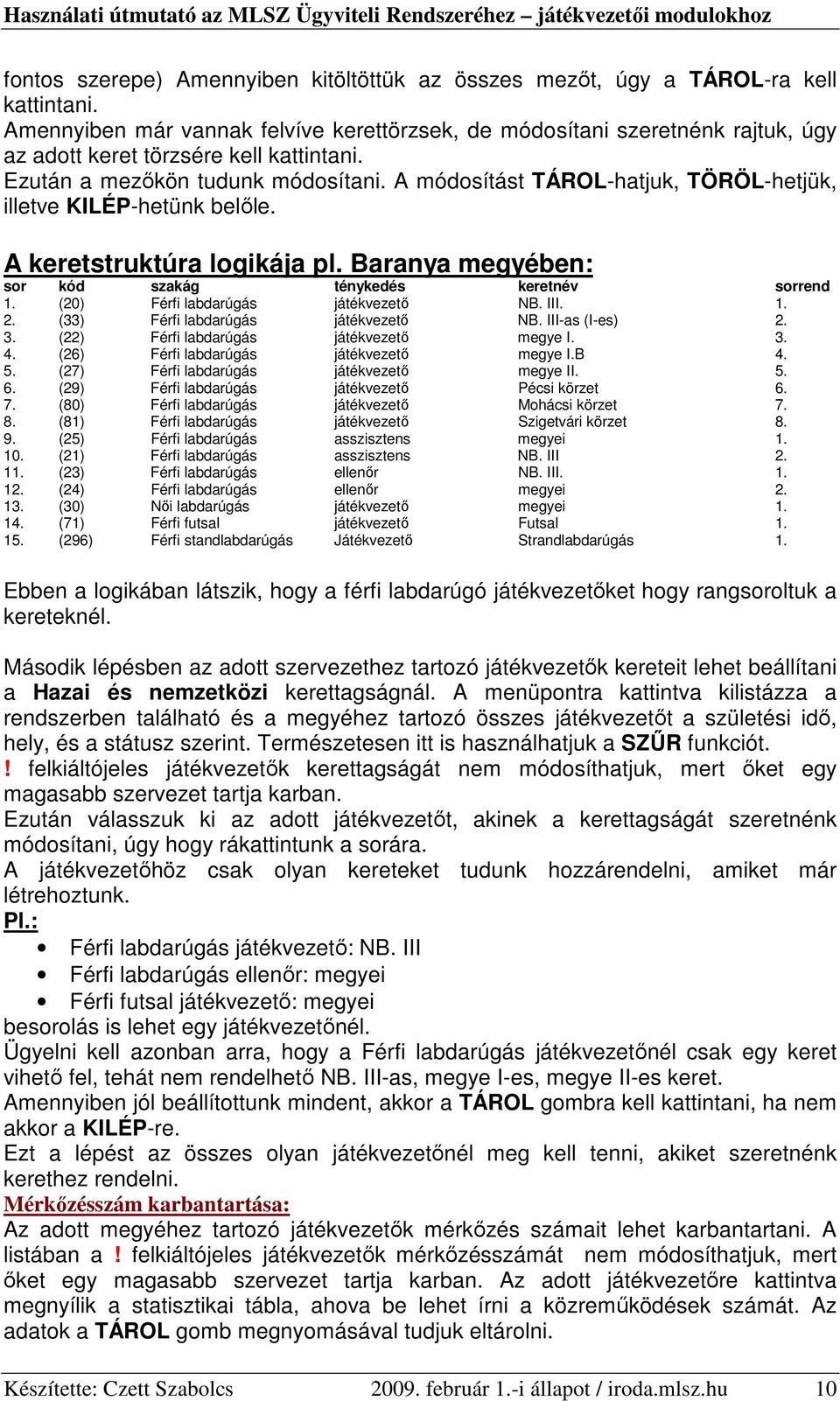 A módosítást TÁROL-hatjuk, TÖRÖL-hetjük, illetve KILÉP-hetünk belıle. A keretstruktúra logikája pl. Baranya megyében: sor kód szakág ténykedés keretnév sorrend 1. (20) Férfi labdarúgás játékvezetı NB.