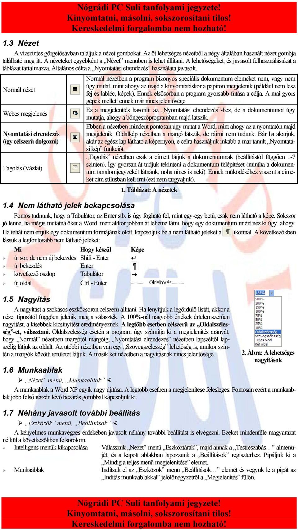 Normál nézet Webes megjelenés Nyomtatási elrendezés (így célszerű dolgozni) Tagolás (Vázlat) Normál nézetben a program bizonyos speciális dokumentum elemeket nem, vagy nem úgy mutat, mint ahogy az