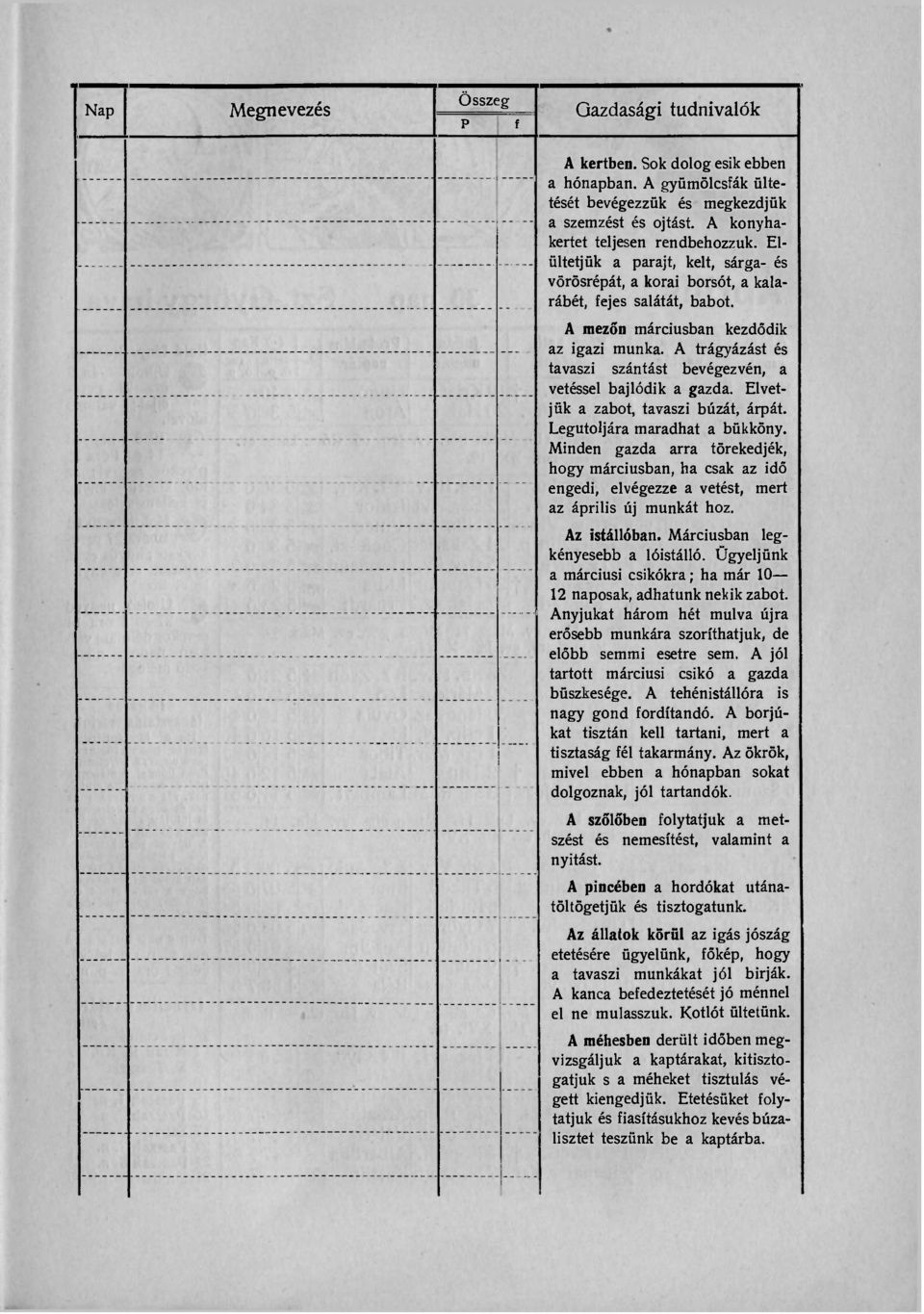 A trágyázást és tavaszi szántást bevégezvén, a vetéssel bajlódik a gazda. Elvetjük a zabot, tavaszi búzát, árpát. Legutoljára maradhat a bükköny.