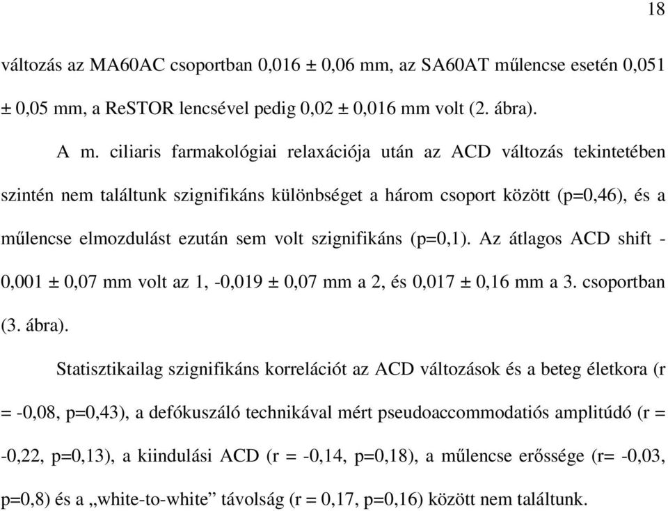 szignifikáns (p=0,1). Az átlagos ACD shift - 0,001 ± 0,07 mm volt az 1, -0,019 ± 0,07 mm a 2, és 0,017 ± 0,16 mm a 3. csoportban (3. ábra).