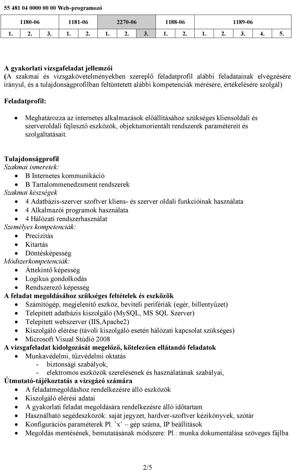 mérésére, értékelésére szolgál) Feladatprofil: Meghatározza az internetes alkalmazások előállításához szükséges kliensoldali és szerveroldali fejlesztő eszközök, objektumorientált rendszerek