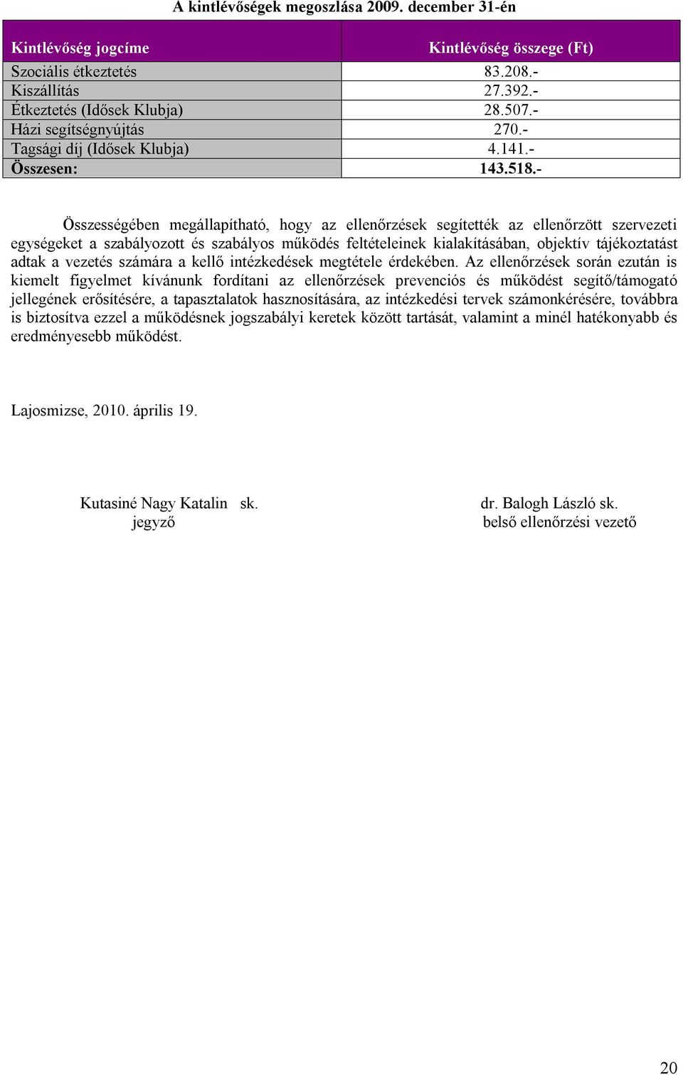 - Összességében megállapítható, hogy az ellenőrzések segítették az ellenőrzött szervezeti egységeket a szabályozott és szabályos működés feltételeinek kialakításában, objektív tájékoztatást adtak a