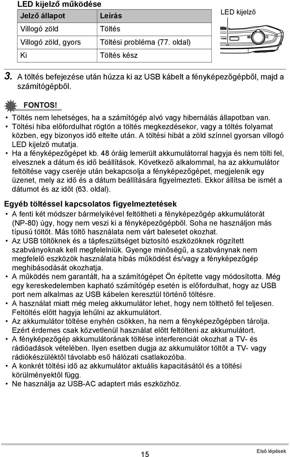 Töltési hiba előfordulhat rögtön a töltés megkezdésekor, vagy a töltés folyamat közben, egy bizonyos idő eltelte után. A töltési hibát a zöld színnel gyorsan villogó LED kijelző mutatja.