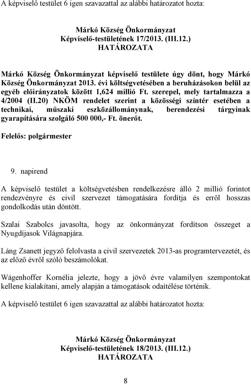 önerőt. 9. napirend A képviselő testület a költségvetésben rendelkezésre álló 2 millió forintot rendezvényre és civil szervezet támogatására fordítja és erről hosszas gondolkodás után döntött.