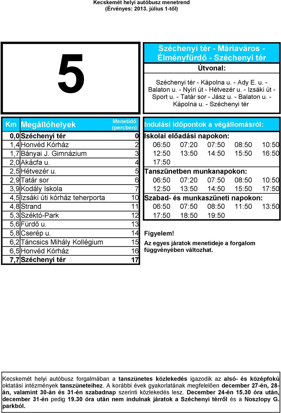 - Széchenyi tér 0,0 Széchenyi tér 0 Iskolai előadási napokon: 1,4 Honvéd Kórház 2 06:50 07:20 07:50 08:50 10:50 1,7 Bányai J. Gimnázium 3 12:50 13:50 14:50 15:50 16:50 2,0 Akácfa u.