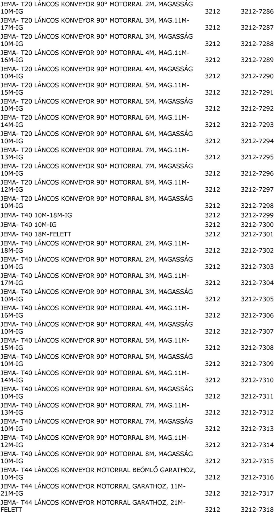 11M- 16M-IG 3212 3212-7289 JEMA- T20 LÁNCOS KONVEYOR 90 MOTORRAL 4M, MAGASSÁG 10M-IG 3212 3212-7290 JEMA- T20 LÁNCOS KONVEYOR 90 MOTORRAL 5M, MAG.