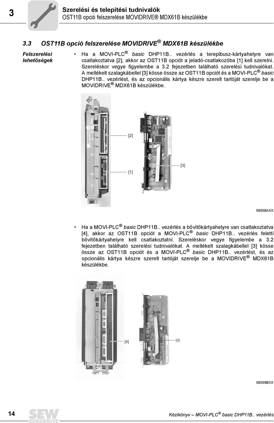 A mellékelt szalagkábellel [] kösse össze az OSTB opciót és a MOVI-PLC basic DHPB.. vezérlést, és az opcionális kártya készre szerelt tartóját szerelje be a MOVIDRIVE MDX6B készülékbe.